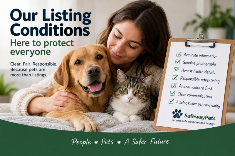 SafewayPets Listing Conditions guide showing a dog and cat with responsible advertising standards including accurate information, genuine photographs and animal welfare.