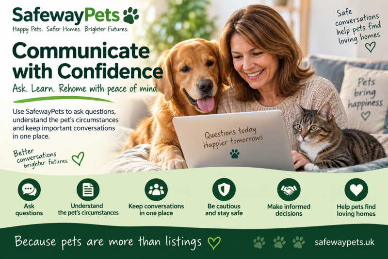SafewayPets Safe Communication guide showing a prospective pet owner using online messaging with a dog and cat, promoting safer pet conversations.