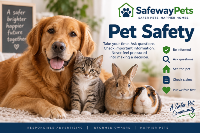 SafewayPets Pet Safety guide with a dog, kitten, rabbit and guinea pig promoting responsible pet advertising and informed pet ownership.