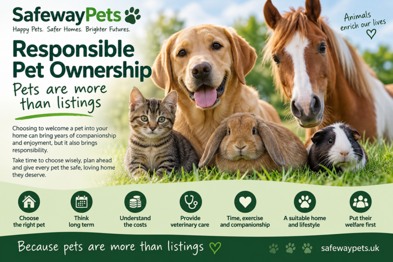 SafewayPets Responsible Pet Ownership guide featuring a dog, cat, rabbit, guinea pig and horse, promoting responsible care and animal welfare.